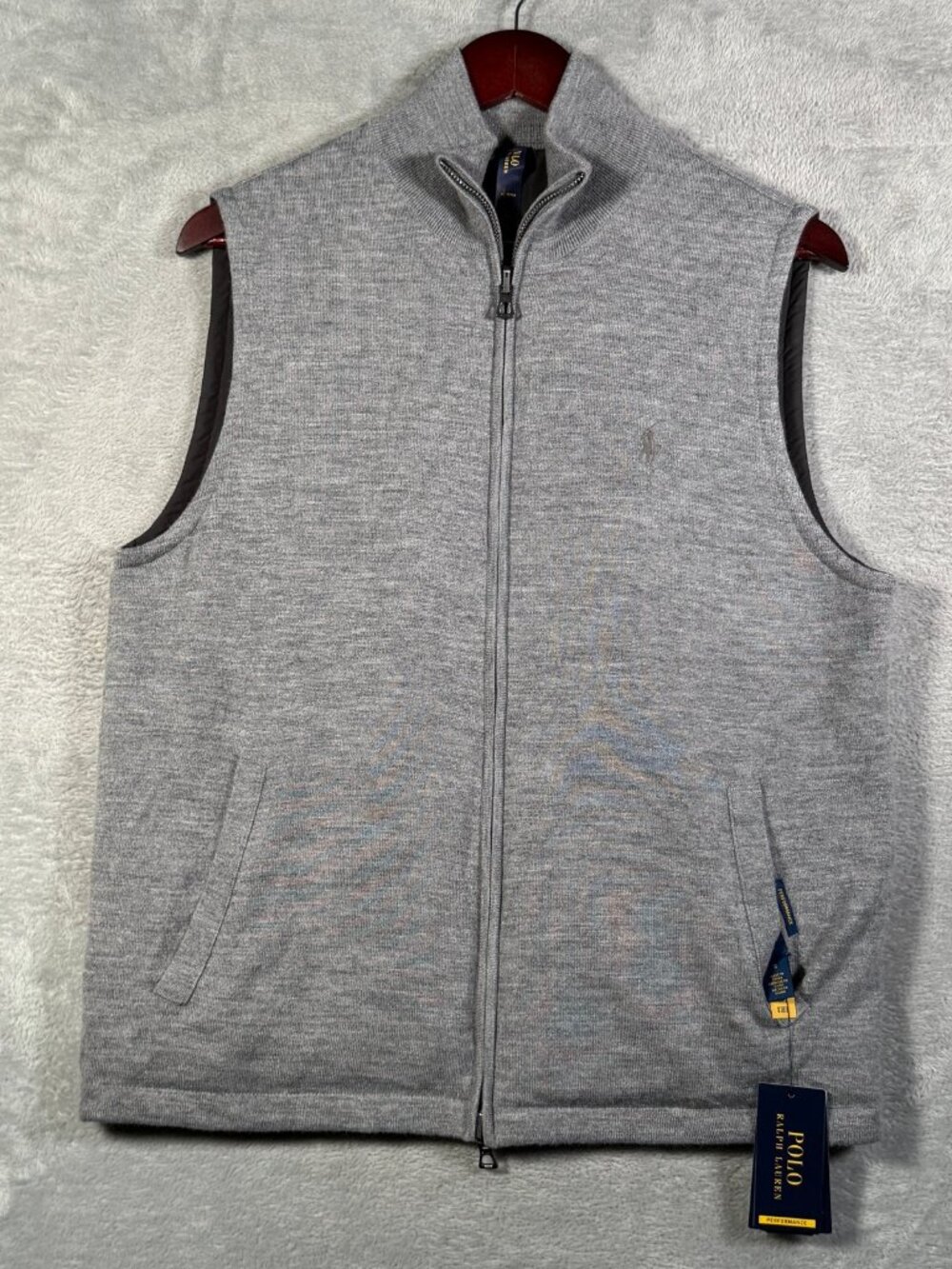 Polo Ralph Lauren Vest Mens M Gray Reversible Wool Knit Performance Full Zip